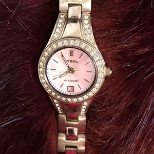DaintySilver Fossil Watch w/ pink crystal face